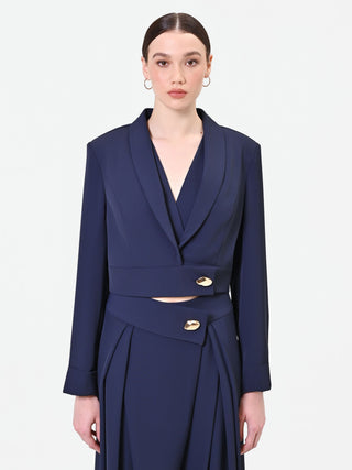 Navy Cropped Blazer with Statement Button
