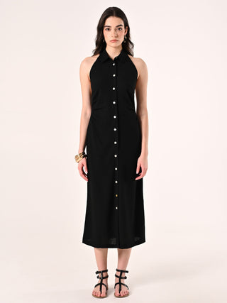 Black Linen Viscose Shirt Dress