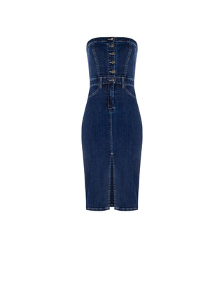 Navy Denim Sheath Dress with Gold Buttons